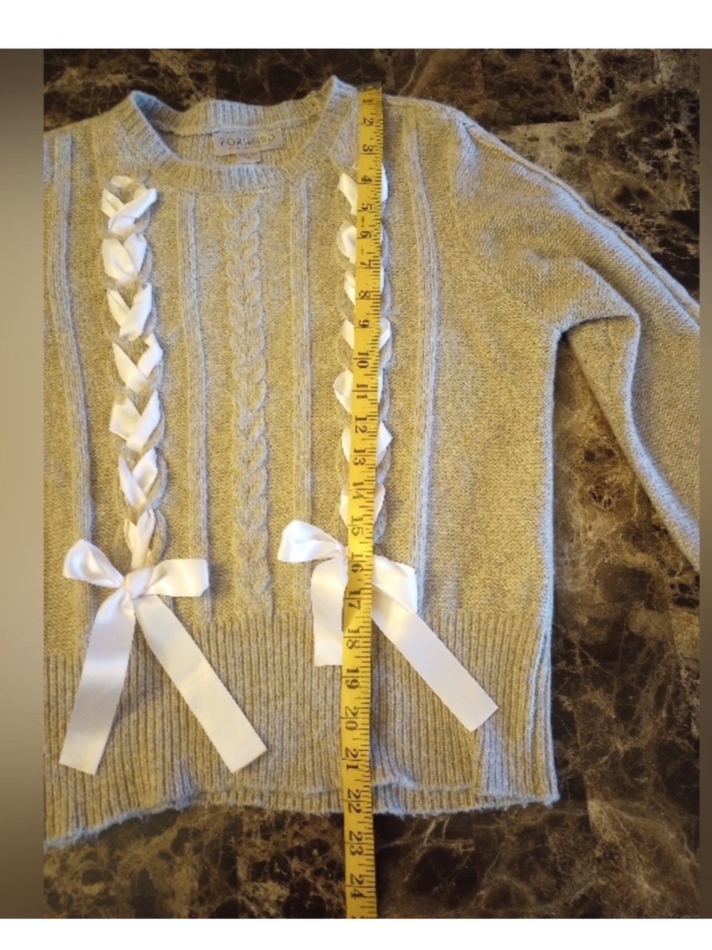 Forward Young Contemporary Taupe and Pastel Pink Ribbon Corset Bow Sweater - Picture 5 of 6